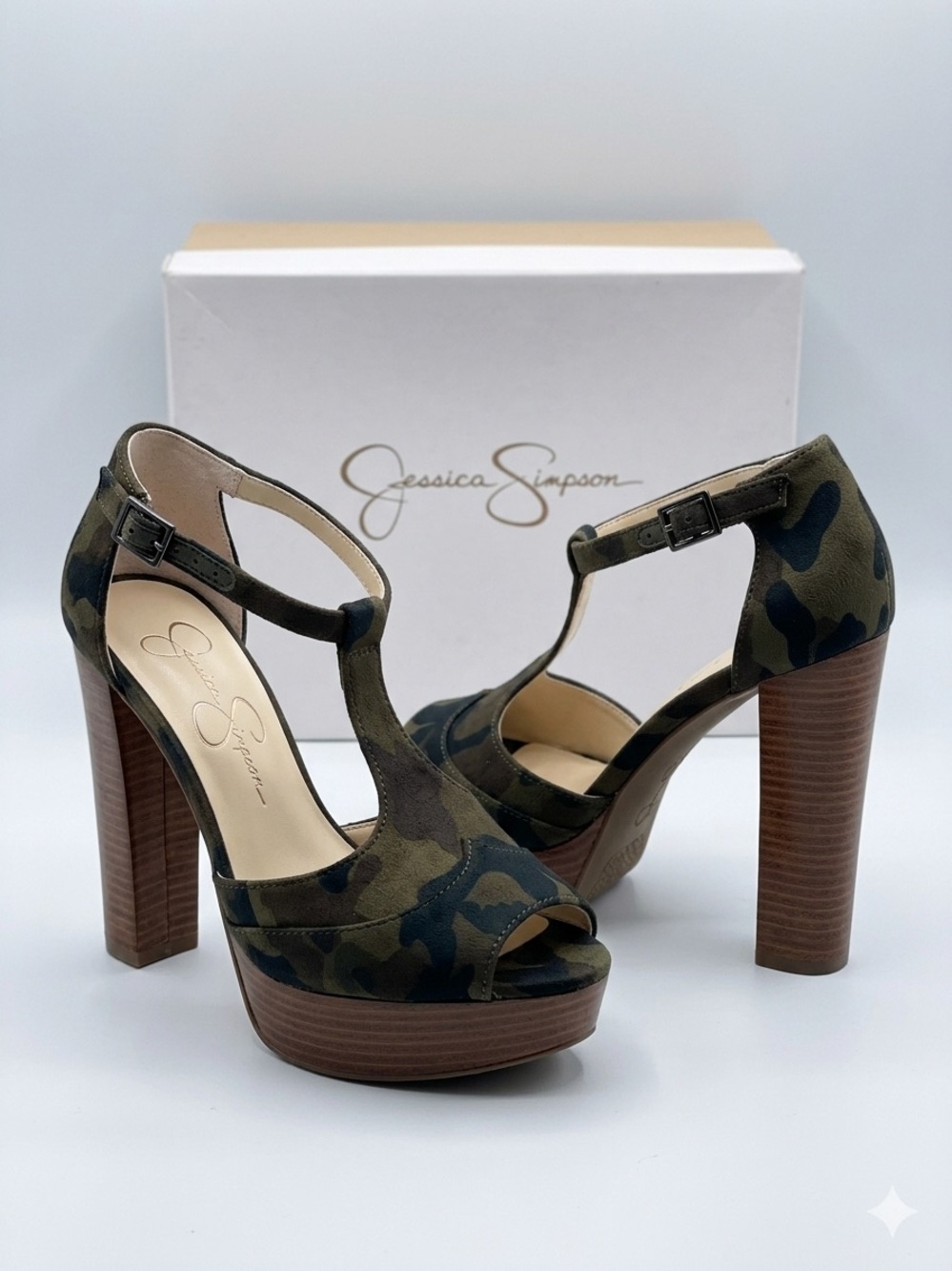 Jessica Simpson Camo T-Strap Platform Peep-Toe Heels - Olive Green